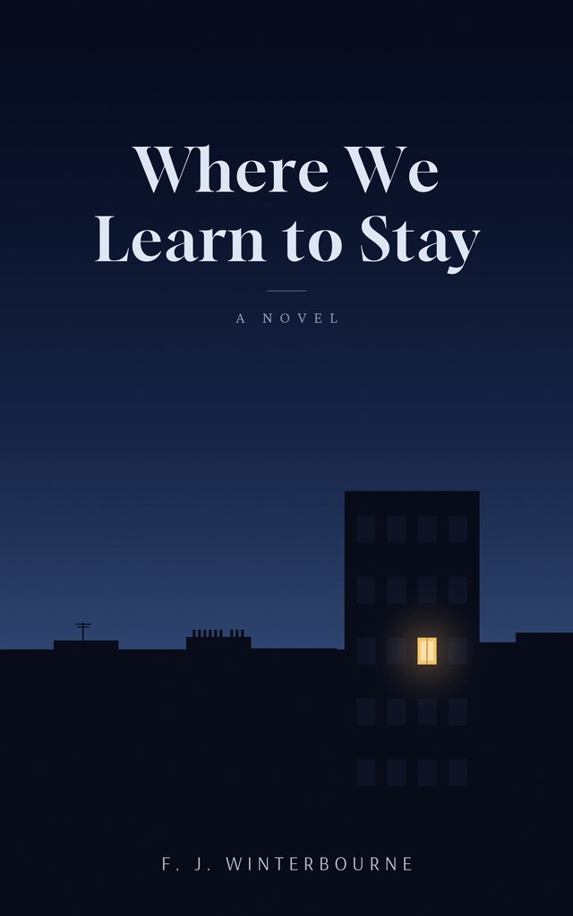Cover of Where We Learn to Stay: a night sky over a block of flats with a single lit window.